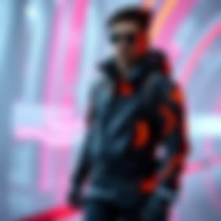 A person wearing advanced, sleek clothing with glowing elements, standing in a modern setting, suggesting they might be from the future.
