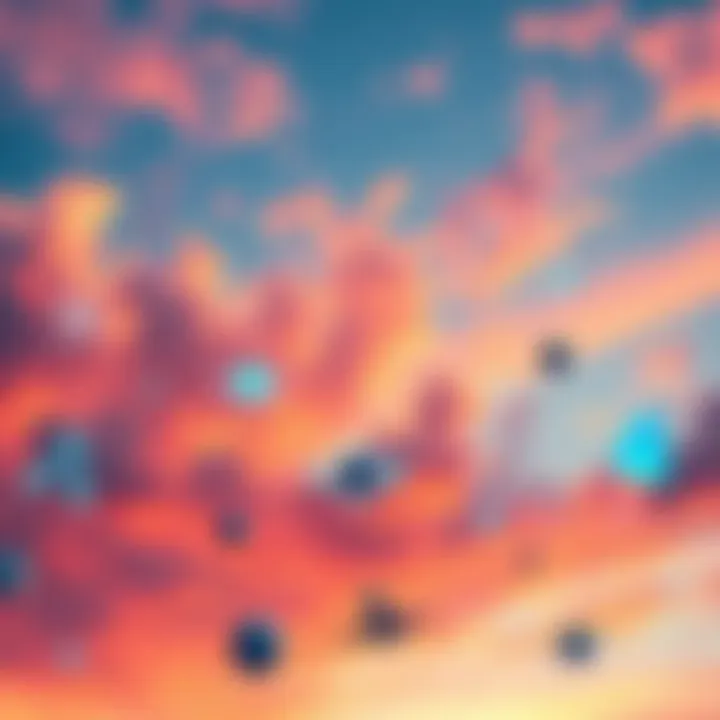 A vibrant sky filled with symbols and images representing predictive programming and Project Blue Beam concepts, with hints of technology and potential future events.