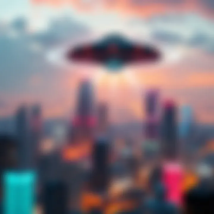 Futuristic Technology and UFO A futuristic city skyline with a UFO hovering above, showcasing advanced technology and bright lights, symbolizing potential alien tech access.