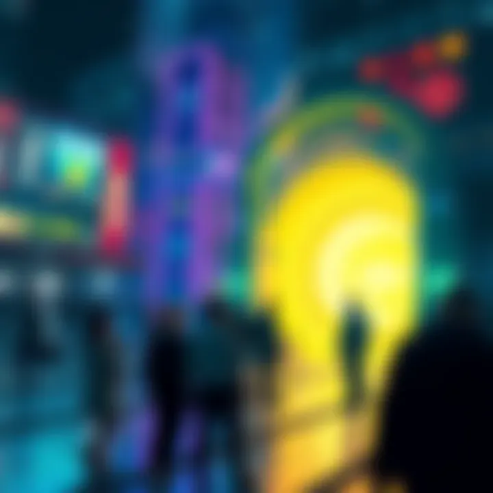 A futuristic scene with a time portal A glowing time portal in a modern city with people looking around curiously