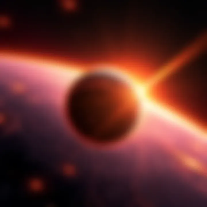 A visualization of a G4 solar storm approaching Earth with colorful solar flares and waves of energy in space