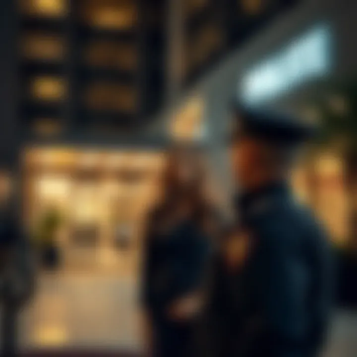 Model Gabriela Rico standing outside a luxury hotel, looking concerned as she talks to a police officer