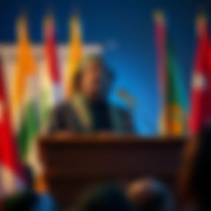 Muammar Gaddafi passionately addressing an audience, emphasizing his views on global issues, with a backdrop featuring flags