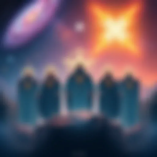An illustration of a group of celestial beings representing the Divine Council of Elohims in a cosmic setting, surrounded by stars and galaxies.