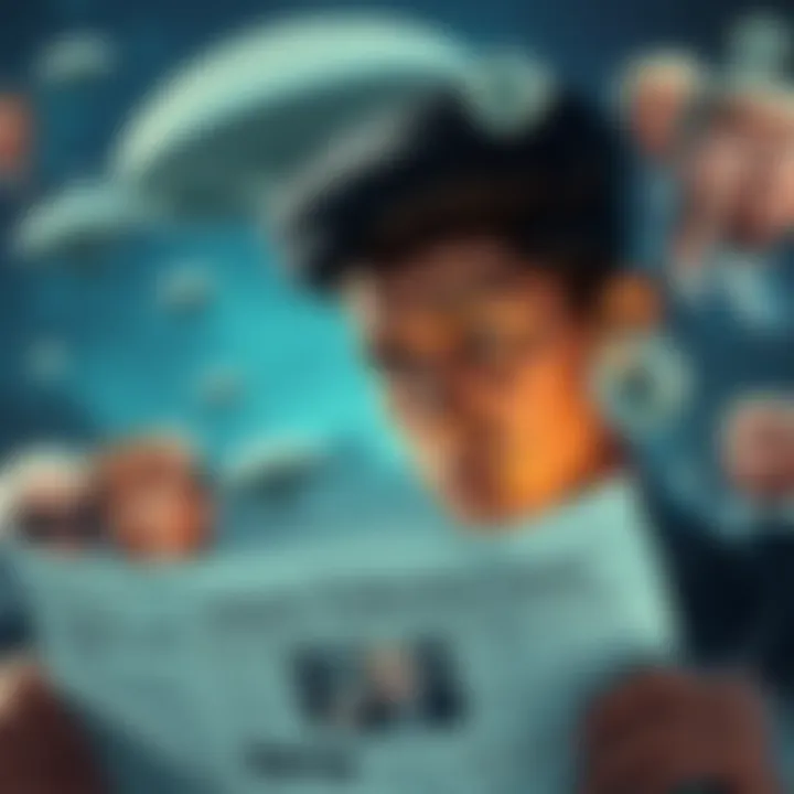 A person with a questioning expression looks at a newspaper article about the Galactic Federation claims, surrounded by images of UFOs and political figures, including Trump.