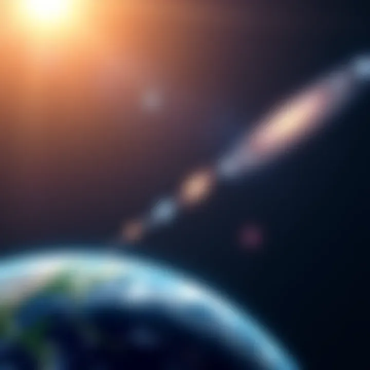 A visual representation of several galaxies in a straight line pointing toward Earth, showcasing their alignment in the cosmos.