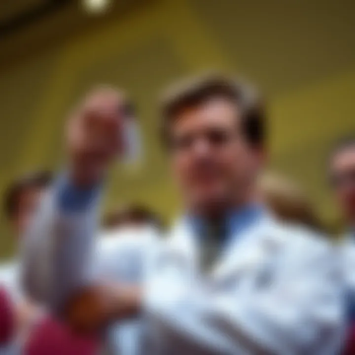 Galen Winsor, a nuclear chemist, holds a vial of uranium oxide while speaking to an audience during a live broadcast in 1985