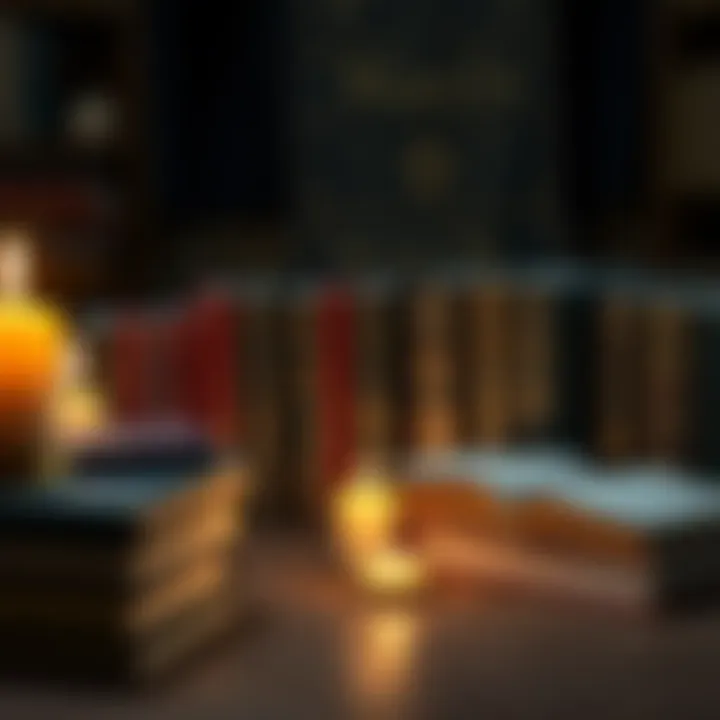 A collection of books related to magick arranged on a table next to lit candles, showcasing alternative practices.