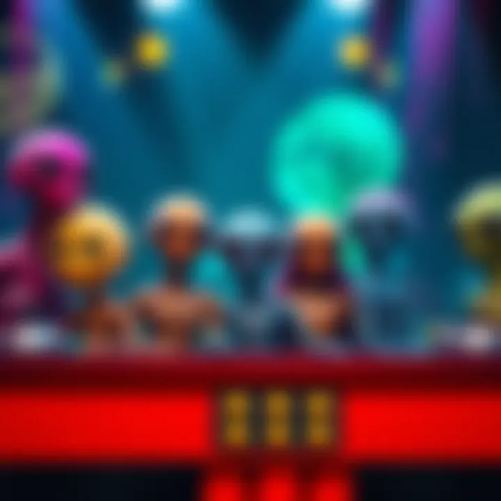 A diverse group of alien contestants on a game show stage, each representing different planets, showing varied expressions of excitement and tension during gameplay.