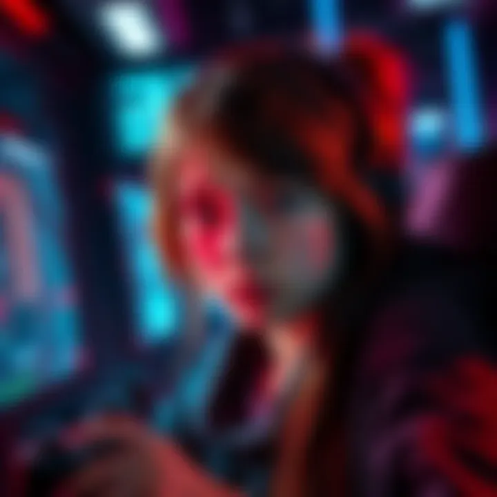 A teenage girl in a virtual game with a confident expression, surrounded by digital elements representing danger and crime.