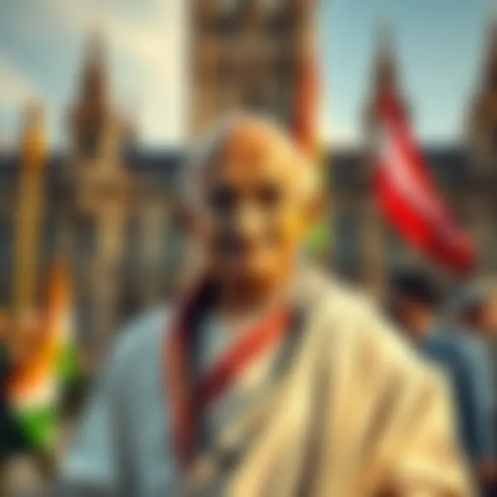 Mahatma Gandhi standing outside British Parliament during the independence movement, dressed in traditional Indian attire, with a solemn expression.