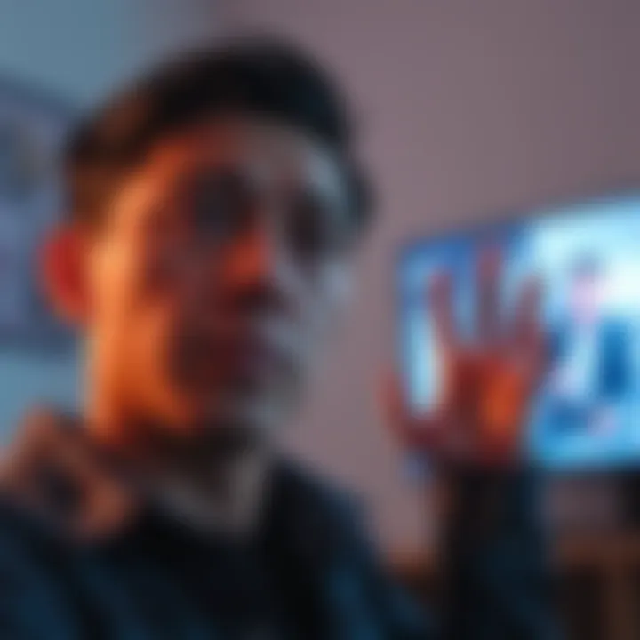 Individual watching a video about gang stalking and looking concerned