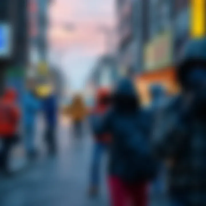 A street scene depicting various people engaging in noise campaigns and street theater aimed at unsettling an individual. Colorful clothing and suspicious activities are prominent.