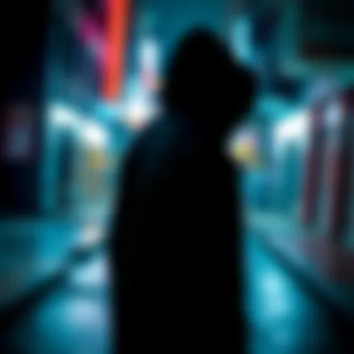 A shadowy figure in an urban environment looking over their shoulder, representing typical gangstalker behavior.