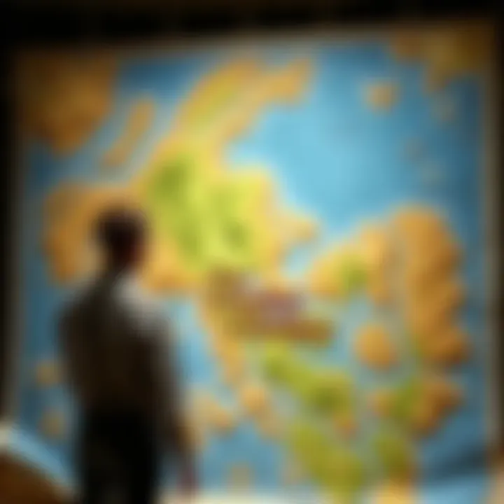 Map of Garden of Eden Location An engineer stands beside a large map marking the Garden of Eden's claimed location, showing rivers and lush greenery.