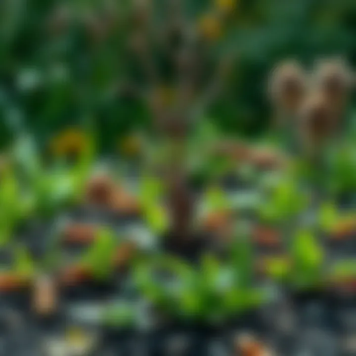 A garden patch showing a dead tree, wilted plants, and aggressive ants on the soil
