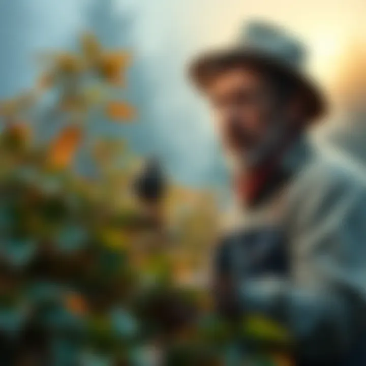 A concerned gardener inspects plants with missing leaves, with birds and mice nearby, pondering if something supernatural is affecting them.