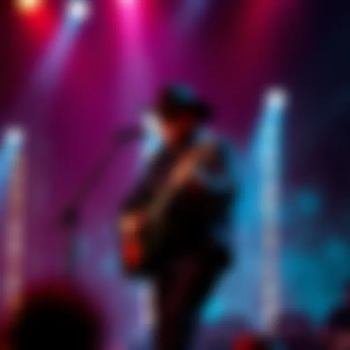 A Garth Brooks concert scene with dim lighting and shadowy figures in the background, hinting at a dark conspiracy