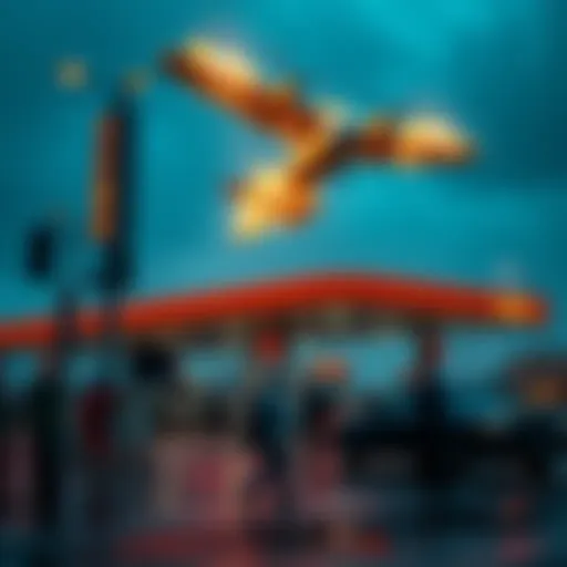 A gas station in chaos as an aircraft drops something from above, causing panic among people nearby.