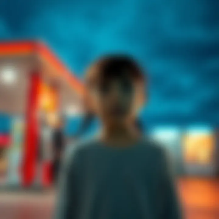 An unsettling scene depicting an 11-year-old girl looking alarmed as a suspicious man approaches her at a gas station