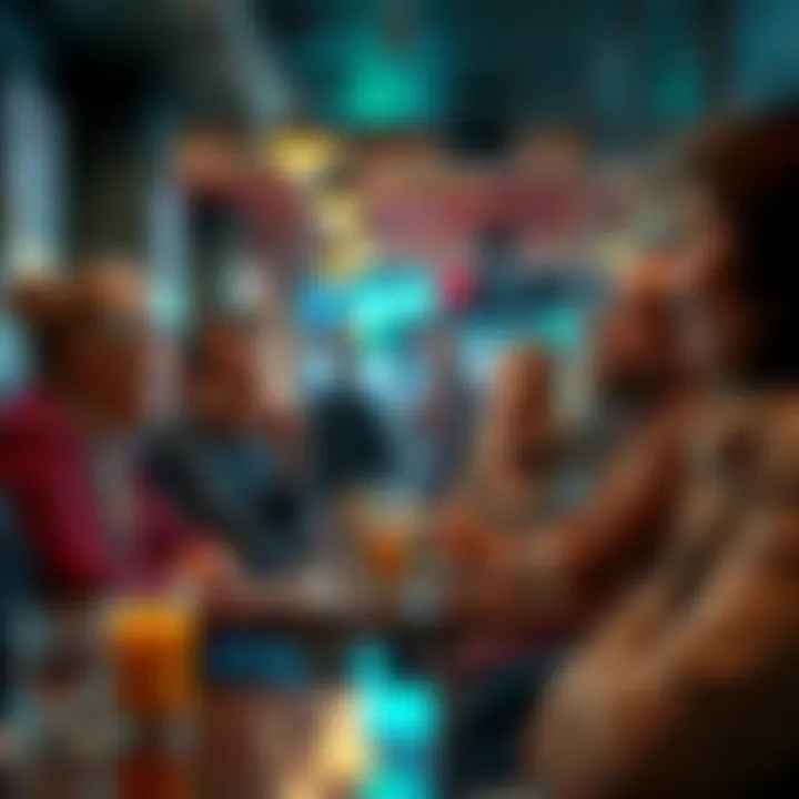 A group of people in a café talking animatedly about the high price of gaslighting experiences, with expressions of surprise and disbelief.