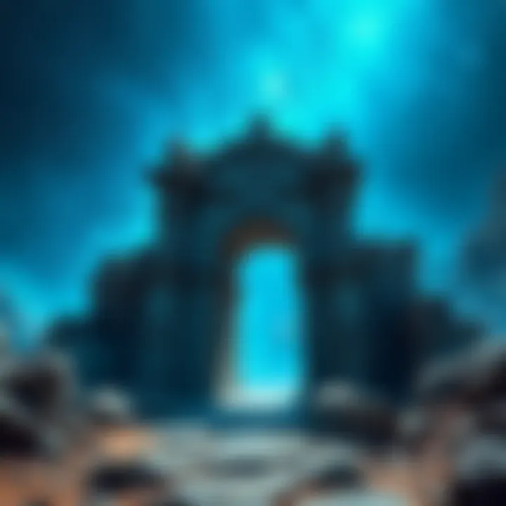 An ancient stone gateway resembling the Gate of the Gods surrounded by a starlit sky and rocky landscape.