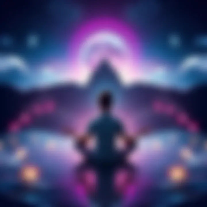 Gateway Voyage Online Experience A serene scene depicting a person meditating with sound waves around them, symbolizing exploration of consciousness.