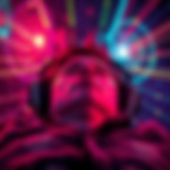 A person lying down with headphones on, eyes closed, surrounded by colorful light patterns, representing altered states of consciousness.