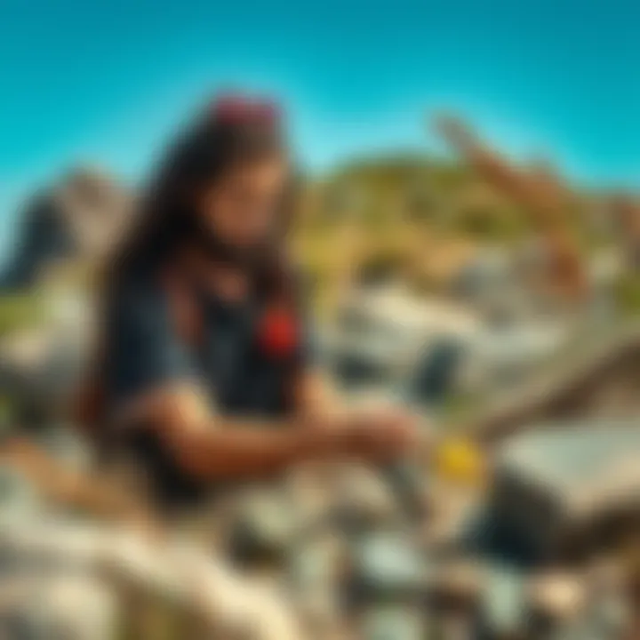 A person collects stones, herbs, and other natural items for spellwork in a sunny West Coast setting.