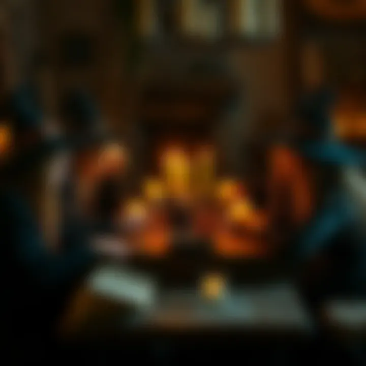 A group of witches in their 40s sitting around a table, sharing stories and experiences in a cozy setting, with candles and crystals around them.