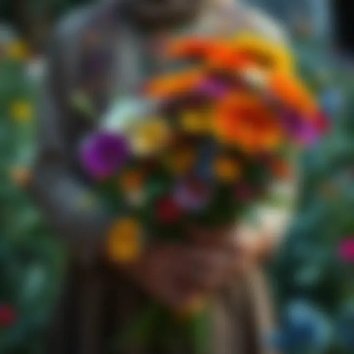 A person holding a bouquet of colorful flowers while preparing for a ritual to recover stolen plants