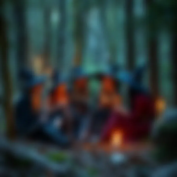 A group of witches sharing stories and laughter in a forest, surrounded by nature and candles.