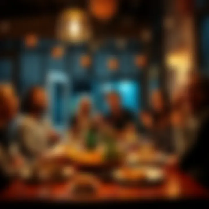 A group of friends sharing food and laughter at a cozy gathering, emphasizing connection and self-care.