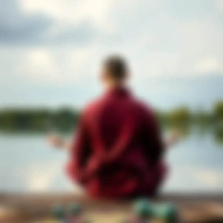 A gay man in traditional monk robes meditates by a serene lake, reflecting on his journey to celibacy and monastic life.