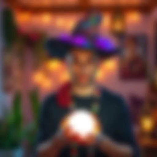 A gay man wearing a colorful witch hat and holding a crystal ball, standing in a cozy room filled with plants and candles, expressing curiosity about identity.