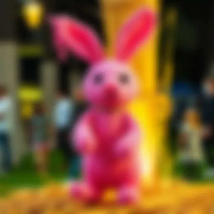 Large hand-knit pink rabbit installation made of straw displayed outdoors in Italy, attracting attention from people nearby.