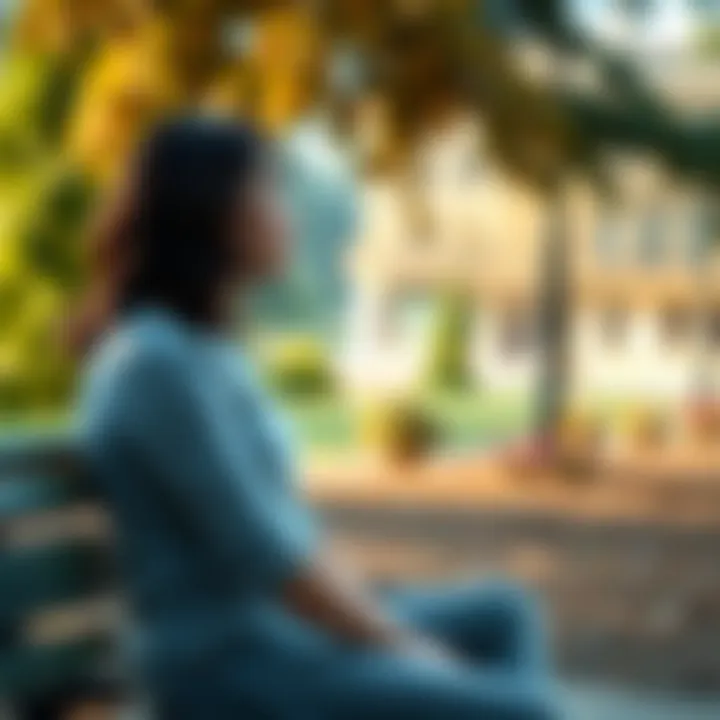 A woman sits on a park bench, deep in thought, surrounded by nature, symbolizing her emotional struggles and reflection on childhood issues.