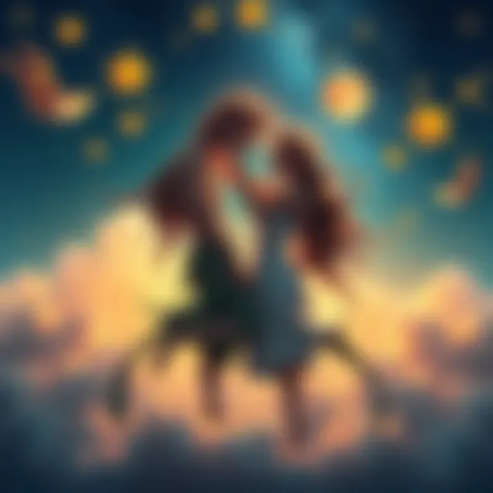 A whimsical representation of two Gemini figures intertwined amidst stars and clouds, symbolizing communication and playfulness in their relationship.