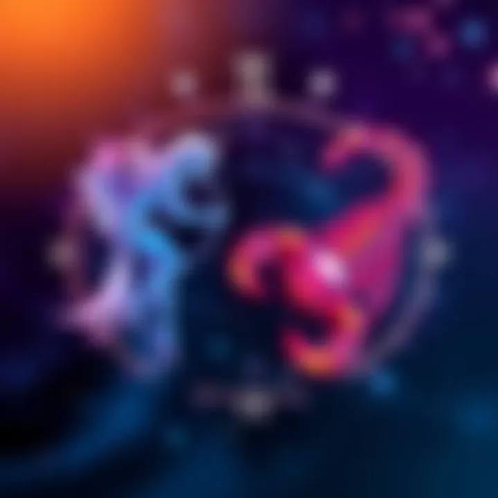 Illustration of Gemini and Scorpio zodiac signs with stars and astrological symbols