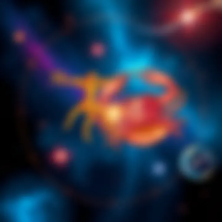 A visually striking illustration depicting the astrological symbols for Gemini and Cancer intertwined, set against a cosmic background full of stars and celestial elements.