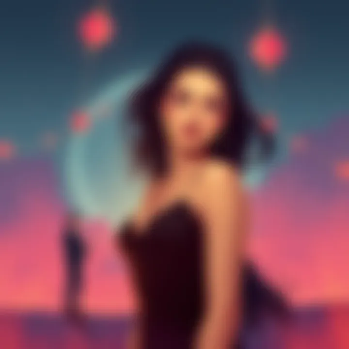 Intriguing Connection: Gemini Woman and Man A captivating illustration of a Gemini woman with ethereal charm, blending flirtation and emotional tension with a 44-year-old man standing at a distance, symbolizing complex romantic dynamics.