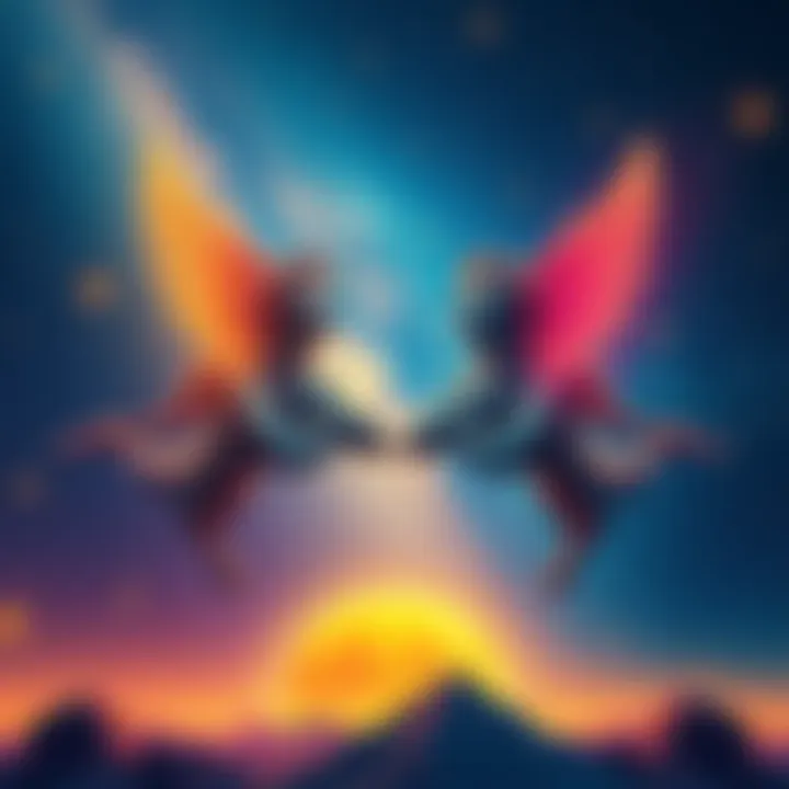 An illustration showing the Gemini constellation with two figures representing duality and change, set against a starry sky.