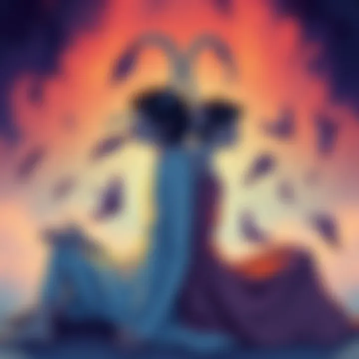 An illustration showing two figures representing the duality of a Gemini. One figure is content and relaxed alone, while the other is reaching out for connection with others. The background includes s...