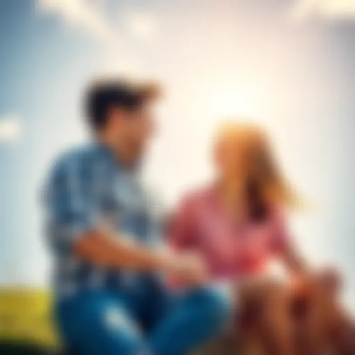 Two friends, one a Gemini and the other a Libra, enjoying a sunny day together, discussing their zodiac signs and friendship, with zodiac symbols in the background.