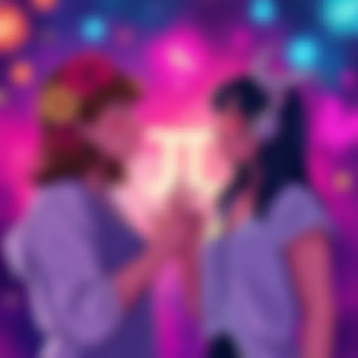 Two friends enjoying a lively conversation with Gemini symbols in the background, showcasing their vibrant energy and connection.