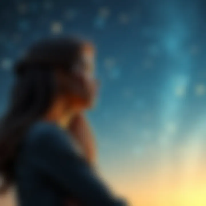 A woman reflecting on memories of a Sagittarius man, looking thoughtful with a starry background.