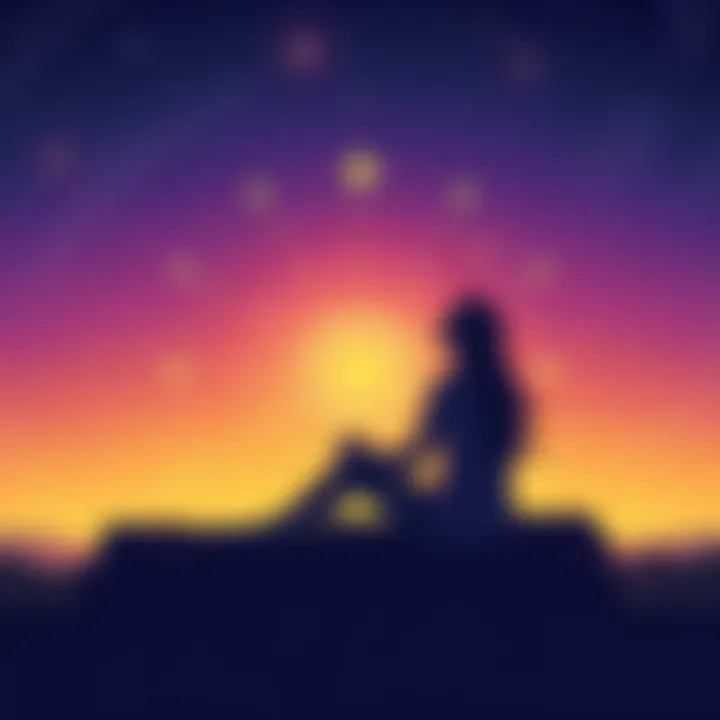 A person sitting peacefully with a starry sky backdrop, showing signs of contemplation and trust in their intuition. Symbols of clarity and communication surround them.