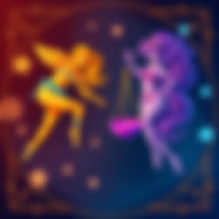 An illustration showing the Gemini and Libra zodiac signs with contrasting symbols representing their traits.