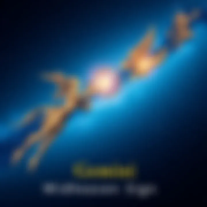 A depiction of the Gemini symbol with stars in the background, representing career paths and public image.