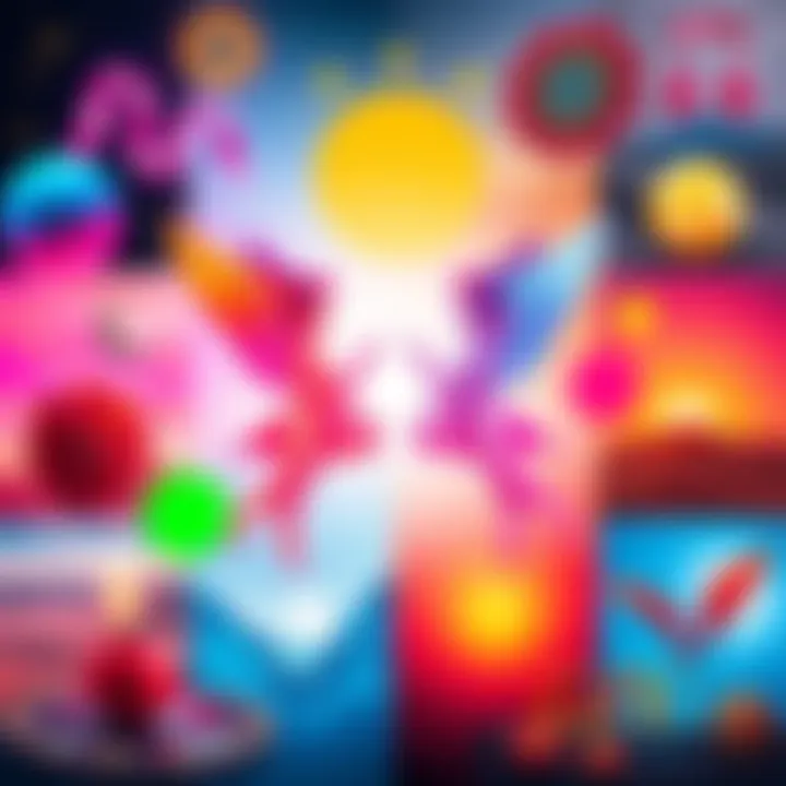 A colorful moodboard featuring bright colors and themes representing Gemini personality traits with symbols of duality and versatility